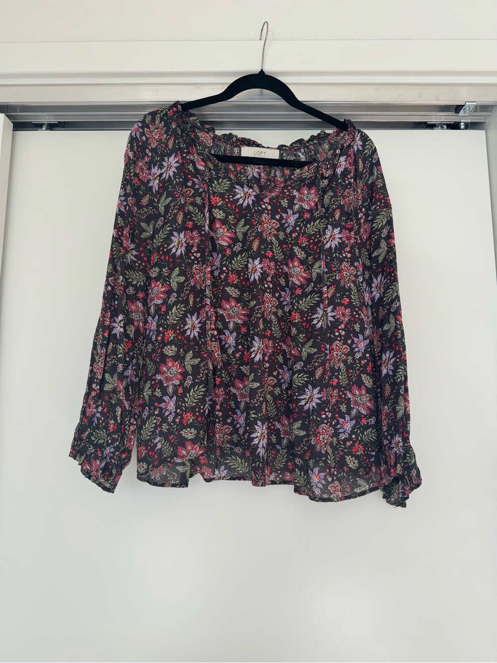 LOFT Black Floral Long-Sleeve Ruffle Neck Blouse